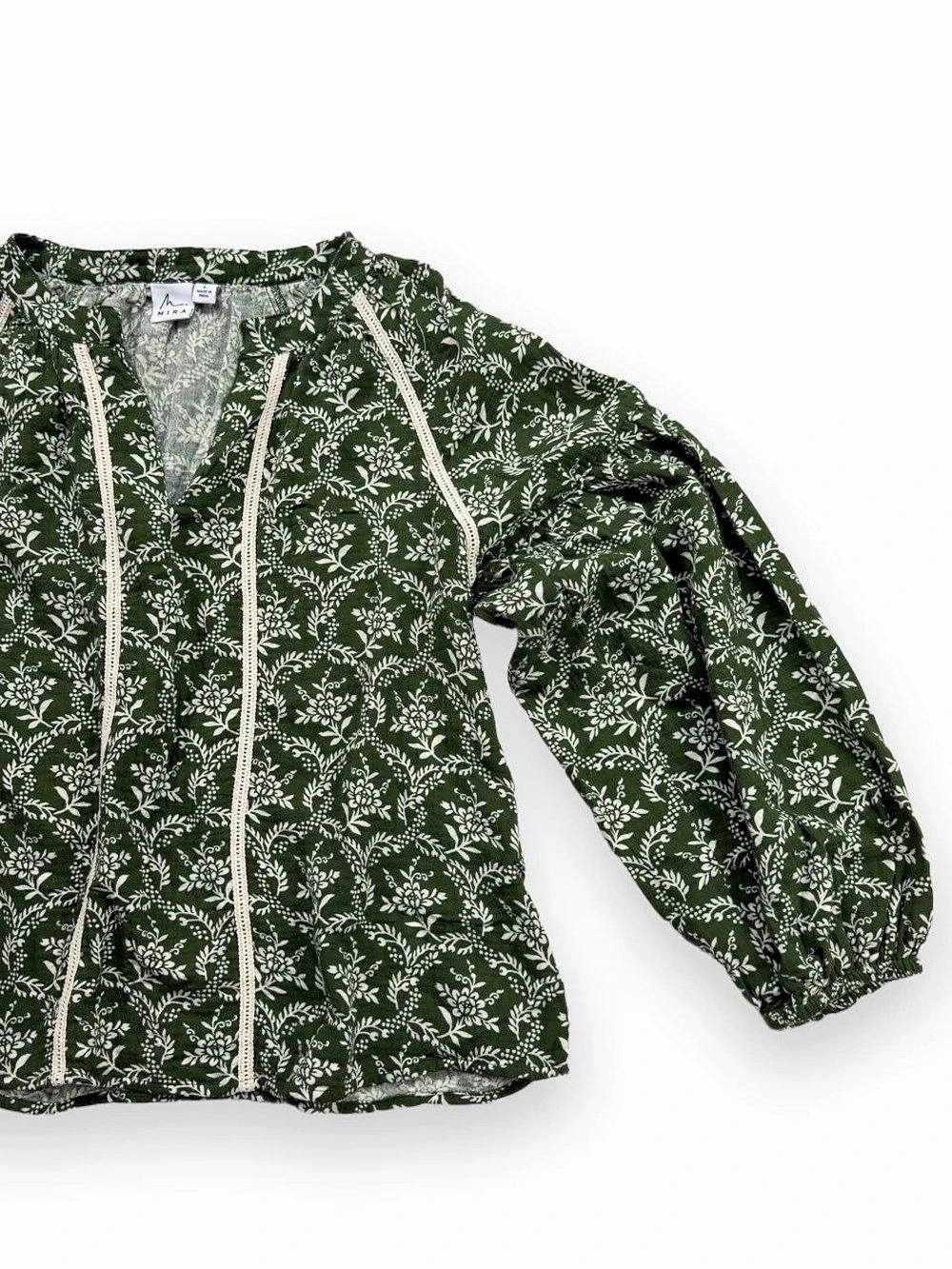 m. MIRA Green Floral Boho Peasant Blouse with Crochet Lace Size L